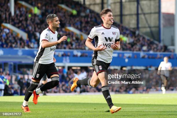 Daniel James of Fulham celebrates after scoring the team's third goal during the Premier League match between Everton FC and Fulham FC at Goodison...