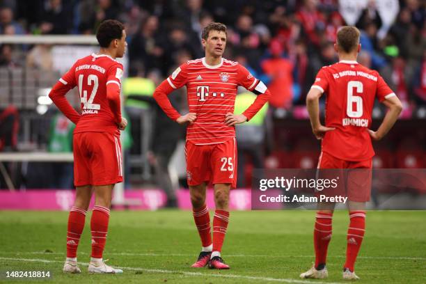 Thomas Mueller of FC Bayern Munich looks dejected following the Bundesliga match between FC Bayern München and TSG Hoffenheim at Allianz Arena on...