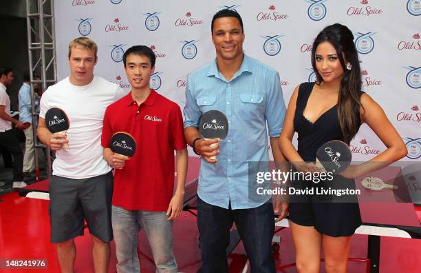 Hockey player Dustin Brown, table tennis player Timothy Wang, NFL player Tony Gonzalez and actress Shay Mitchell attend "Believe In Your Smellf"...