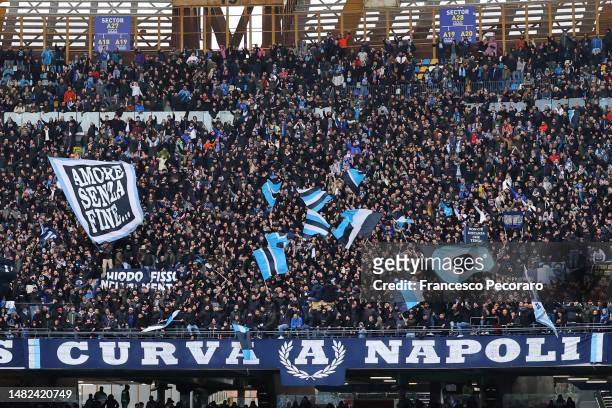 Napoli supporters are back at the stadium with flags and banners before the Serie A match between SSC Napoli and Hellas Verona at Stadio Diego...