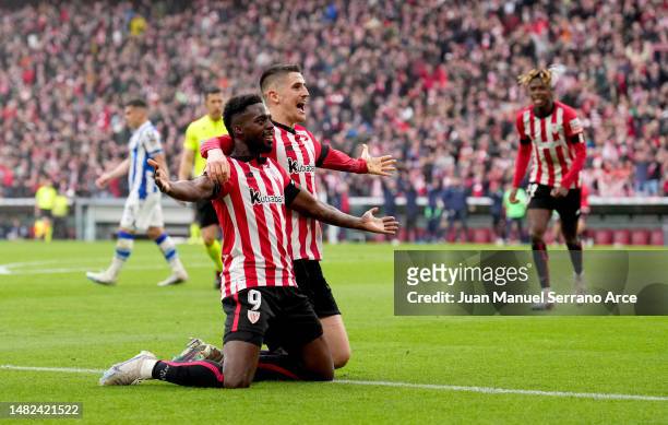 Inaki Williams of Athletic Club celebrates with teammate Oihan Sancet after scoring the team's second goal during the LaLiga Santander match between...