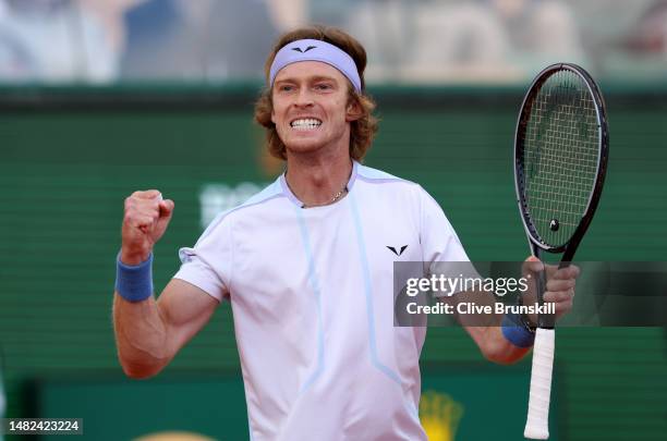 Andrey Rublev celebrates match point against Taylor Fritz of the United States in their semifinal match during day seven of the Rolex Monte-Carlo...
