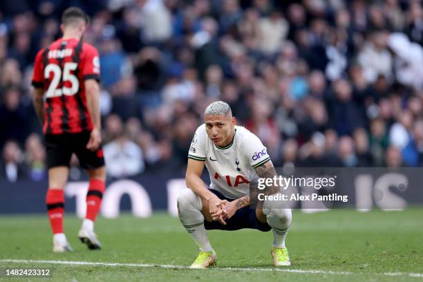 Richarlison of Tottenham Hotspur reacts during the Premier League match between Tottenham Hotspur and AFC Bournemouth at Tottenham Hotspur Stadium on...