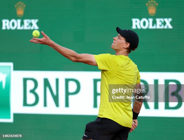 Jannik Sinner of Italy during day 6 of the Rolex Monte-Carlo Masters 2023, an ATP Masters 1000 event at Monte-Carlo Country Club on April 14, 2023 in...