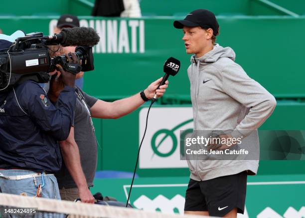 Jannik Sinner of Italy is interviewed on-court after his victory during day 6 of the Rolex Monte-Carlo Masters 2023, an ATP Masters 1000 event at...