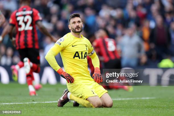 Hugo Lloris of Tottenham Hotspur reacts after Dango Ouattara of AFC Bournemouth scored their sides third goal during the Premier League match between...