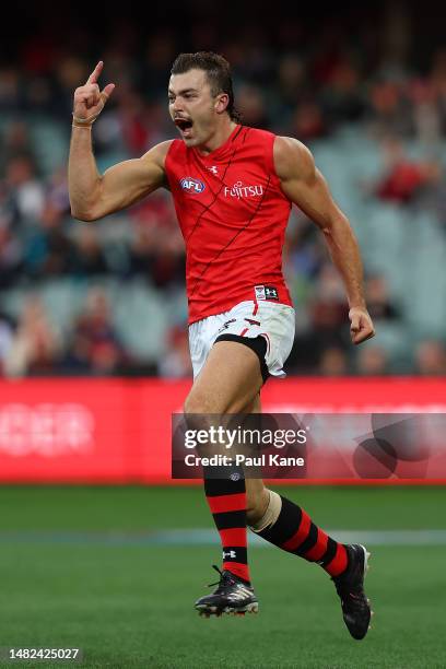 Sam Draper of the Bombers celebrates a goal during the round five AFL match between Essendon Bombers and Melbourne Demons at Adelaide Oval, on April...