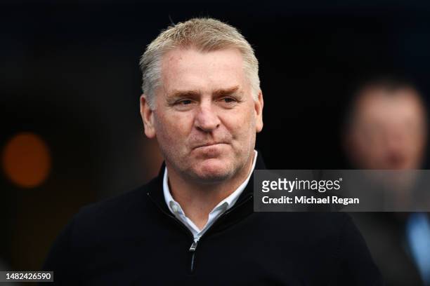 Dean Smith, Manager of Leicester City, looks on prior to the Premier League match between Manchester City and Leicester City at Etihad Stadium on...