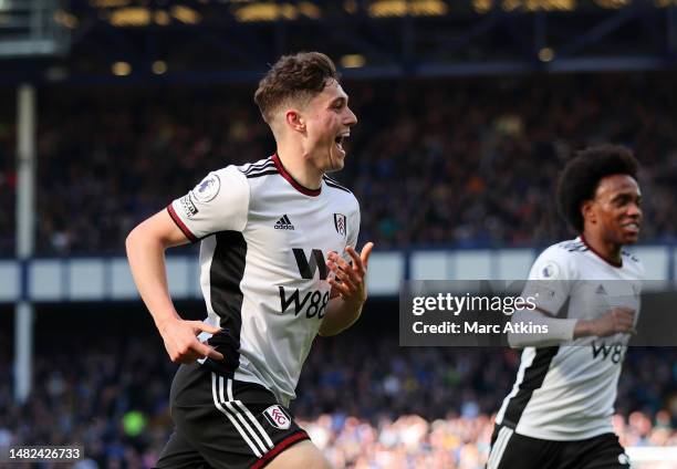 Daniel James of Fulham celebrates after scoring the team's third goal during the Premier League match between Everton FC and Fulham FC at Goodison...