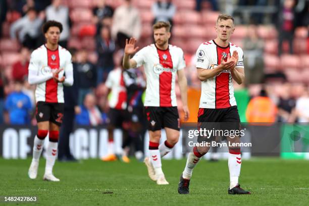James Ward-Prowse of Southampton applauds the fans after the team's defeat in the Premier League match between Southampton FC and Crystal Palace at...