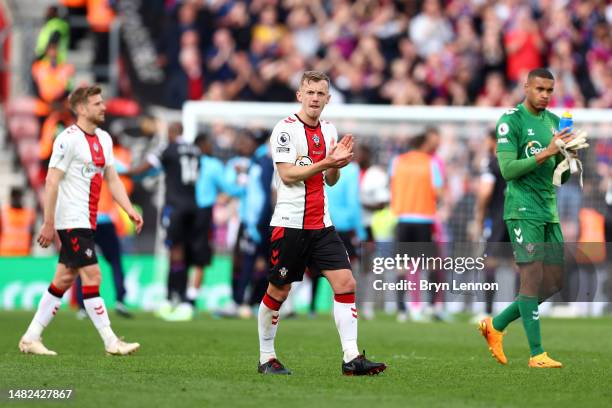 James Ward-Prowse of Southampton applauds the fans after the team's defeat in the Premier League match between Southampton FC and Crystal Palace at...