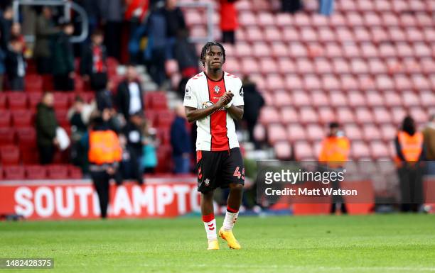 Romeo Lavia of Southampton during the Premier League match between Southampton FC and Crystal Palace at St. Mary's Stadium on April 15, 2023 in...