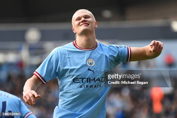 Erling Haaland of Manchester City celebrates after scoring the team's second goal from the penalty spot during the Premier League match between...