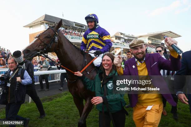 Derek Fox riding Corach Rambler celebrates winning the Randox Grand National Chase during day three of the Randox Grand National Festival at Aintree...