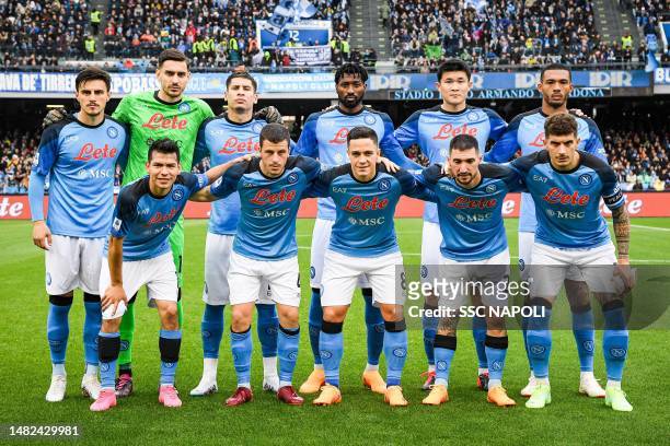 Players of Napoli pose for the team photo prior to the Serie A match between SSC Napoli and Hellas Verona at Stadio Diego Armando Maradona on April...