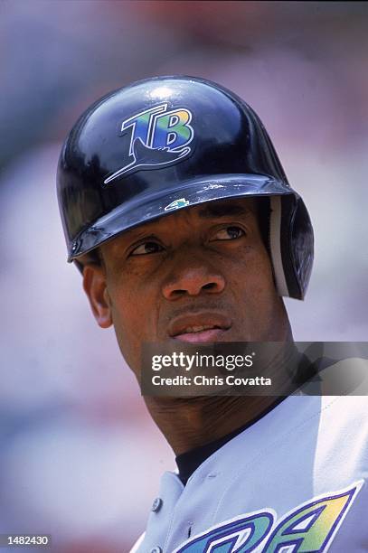 Gerald Williams of the Tampa Bay Devil Rays watches the action during a game against the Texas Rangers at The Ball Park in Arlington, Texas. The...