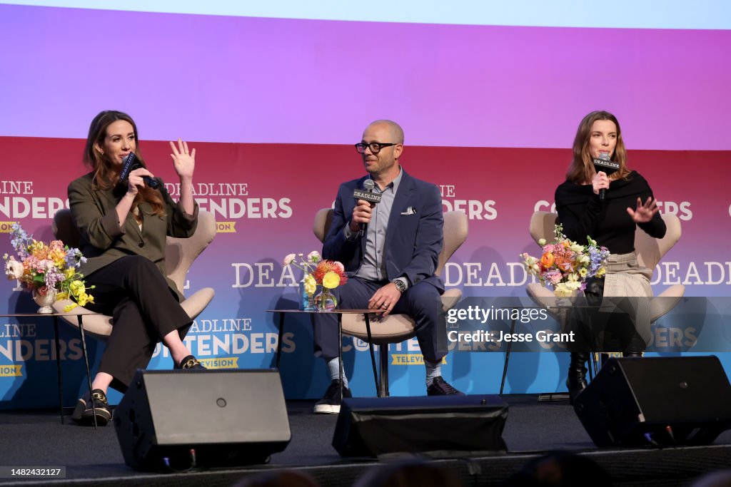Tara Hernandez, Damon Lindelof and Betty Gilpin speak onstage during