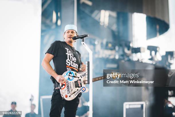 Tom DeLonge of Blink-182 performs at the Sahara Tent during the 2023 Coachella Valley Music and Arts Festival on April 14, 2023 in Indio, California.