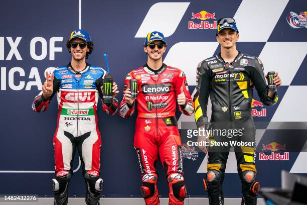 MotoGP Top 3 riders at parc ferme with Alex Rins of Spain and LCR Honda Castrol , Francesco Bagnaia of Italy and Ducati Lenovo Team and Luca Marini...