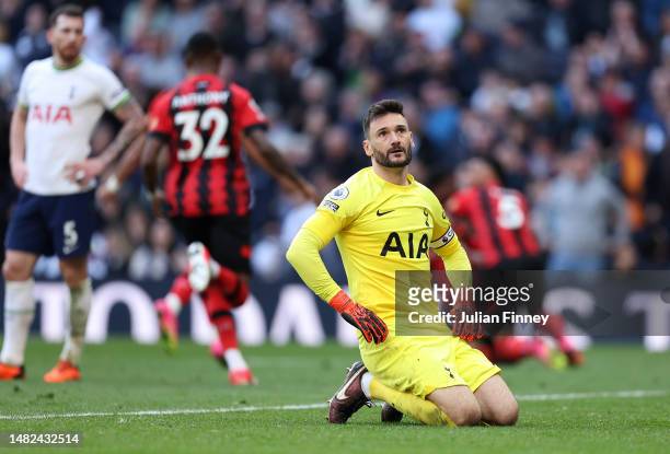Dejected Hugo Lloris of Spurs looks dejected after Dango Ouattara of AFC Bournemouth scored the team's third goal during the Premier League match...