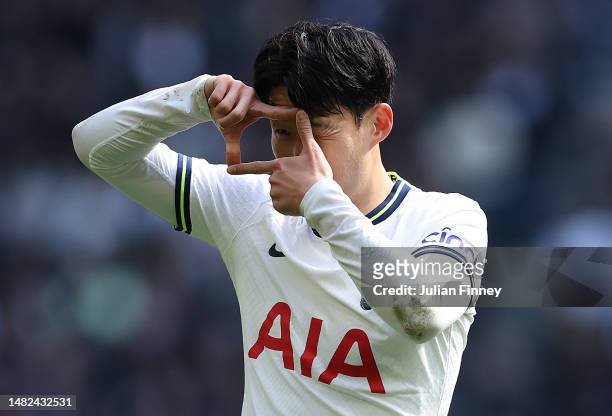 Son Heung-Min of Spurs celebrates scoring during the Premier League match between Tottenham Hotspur and AFC Bournemouth at Tottenham Hotspur Stadium...