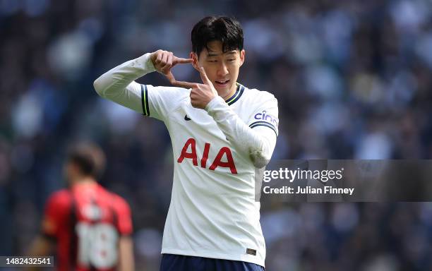 Son Heung-Min of Spurs celebrates scoring during the Premier League match between Tottenham Hotspur and AFC Bournemouth at Tottenham Hotspur Stadium...