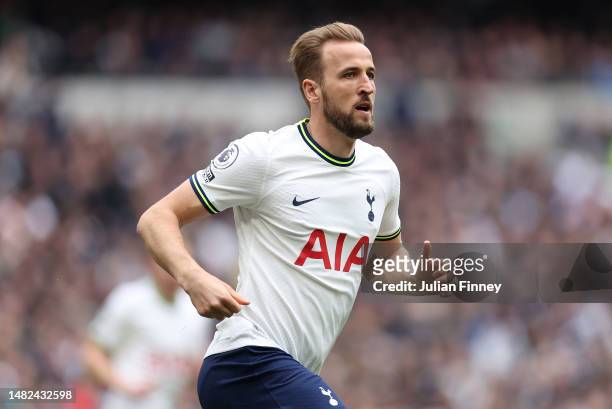 Harry Kane of Spurs in action during the Premier League match between Tottenham Hotspur and AFC Bournemouth at Tottenham Hotspur Stadium on April 15,...