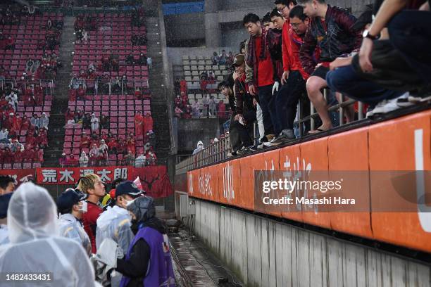 Yuma Suzuki of Kashima Antlers talks with supporters after the J.LEAGUE Meiji Yasuda J1 8th Sec. Match between Kashima Antlers and Vissel Kobe at...