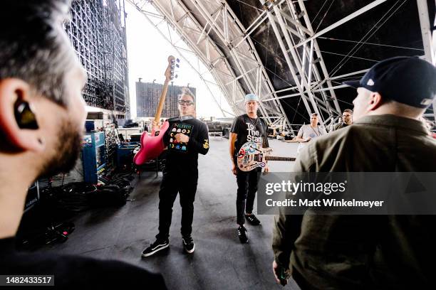Mark Hoppus and Tom DeLonge of Blink-182 pose backstage at the Sahara Tent during the 2023 Coachella Valley Music and Arts Festival on April 14, 2023...