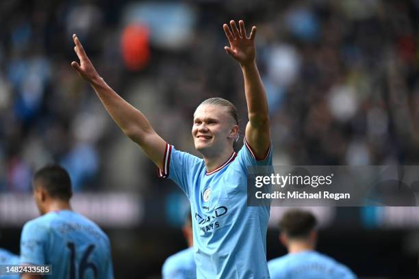 Erling Haaland of Manchester City celebrates after scoring the team's third goal during the Premier League match between Manchester City and...