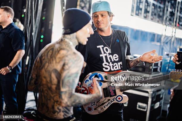 Travis Barker and Tom DeLonge of Blink-182 performs at the Sahara Tent during the 2023 Coachella Valley Music and Arts Festival on April 14, 2023 in...