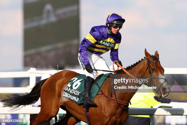 Derek Fox rides Corach Rambler to victory in the Randox Grand National Chase during day three of the Randox Grand National Festival at Aintree...