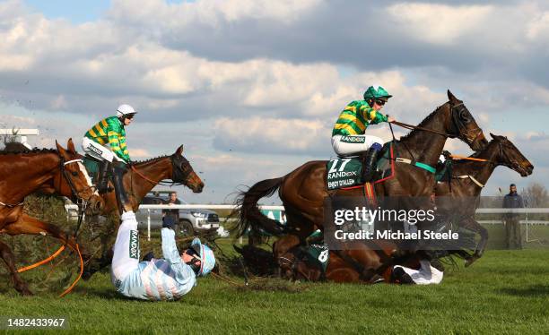 Peter Carberry riding Gabbys Cross falls off during the Randox Grand National Chase during day three of the Randox Grand National Festival at Aintree...