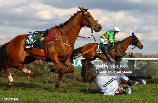 Peter Carberry riding Gabbys Cross falls off during the Randox Grand National Chase during day three of the Randox Grand National Festival at Aintree...