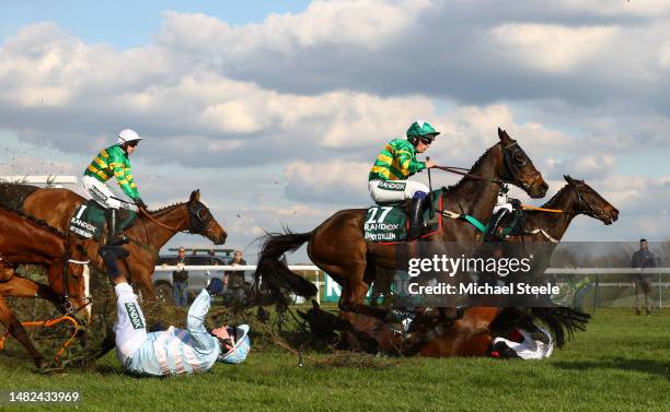 Peter Carberry riding Gabbys Cross falls off during the Randox Grand National Chase during day three of the Randox Grand National Festival at Aintree...