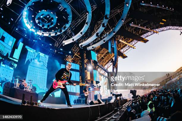 Travis Barker, Mark Hoppus, and Tom DeLonge of Blink-182 performs at the Sahara Tent during the 2023 Coachella Valley Music and Arts Festival on...