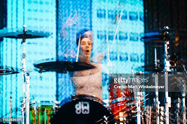 Travis Barker of Blink-182 performs at the Sahara Tent during the 2023 Coachella Valley Music and Arts Festival on April 14, 2023 in Indio,...