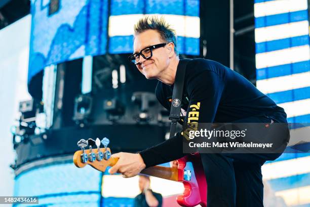 Mark Hoppus of Blink-182 performs at the Sahara Tent during the 2023 Coachella Valley Music and Arts Festival on April 14, 2023 in Indio, California.