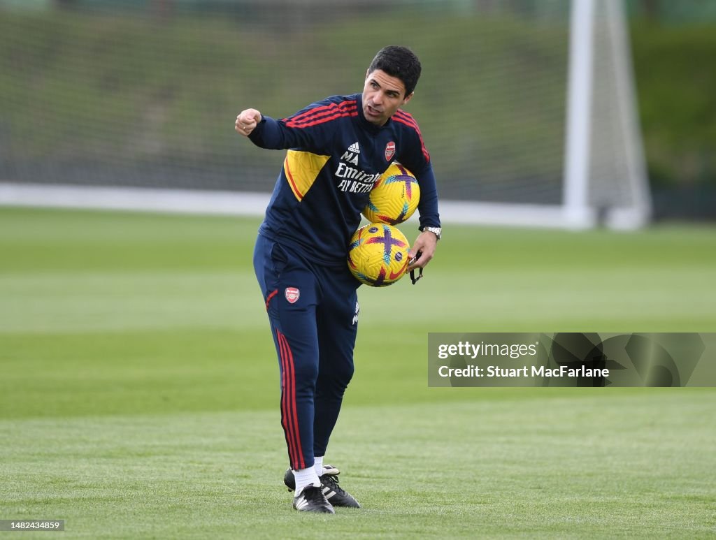 Arsenal Training Arsenal manager Mikel Arteta during a training session at London ...