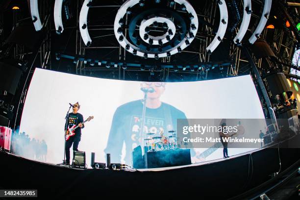 Mark Hoppus, Travis Barker, and Tom DeLonge of Blink-182 performs at the Sahara Tent during the 2023 Coachella Valley Music and Arts Festival on...