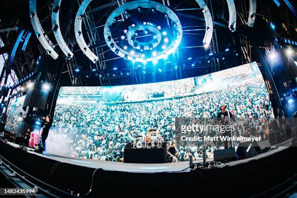Mark Hoppus, Travis Barker, and Tom DeLonge of Blink-182 performs at the Sahara Tent during the 2023 Coachella Valley Music and Arts Festival on...