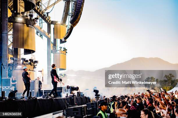 Mark Hoppus and Tom DeLonge of Blink-182 performs at the Sahara Tent during the 2023 Coachella Valley Music and Arts Festival on April 14, 2023 in...