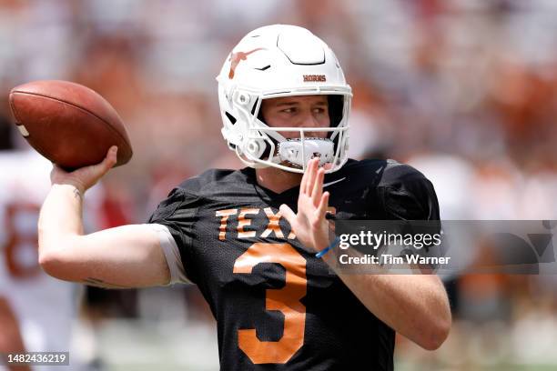 Quinn Ewers of the Texas Longhorns warms up before the Texas Football Orange-White Spring Football Game at Darrell K Royal-Texas Memorial Stadium on...