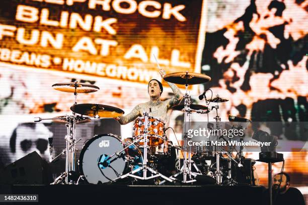 Travis Barker of Blink-182 performs at the Sahara Tent during the 2023 Coachella Valley Music and Arts Festival on April 14, 2023 in Indio,...
