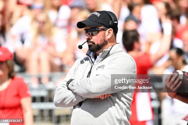 Head coach Ryan Day of the Ohio State Buckeyes watches a play during the Spring Game at Ohio Stadium on April 15, 2023 in Columbus, Ohio.