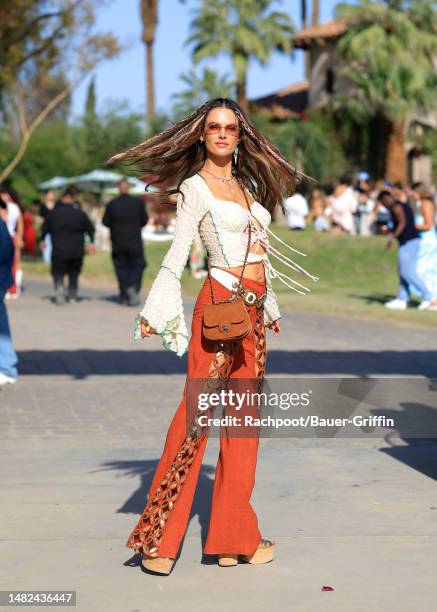Alessandra Ambrosio is seen arriving to the Celsius Coachella party on April 14, 2023 in Indio, California.