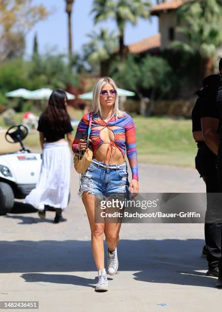 Ariana Madix is seen arriving to the Celsius Coachella party on April 14, 2023 in Indio, California.