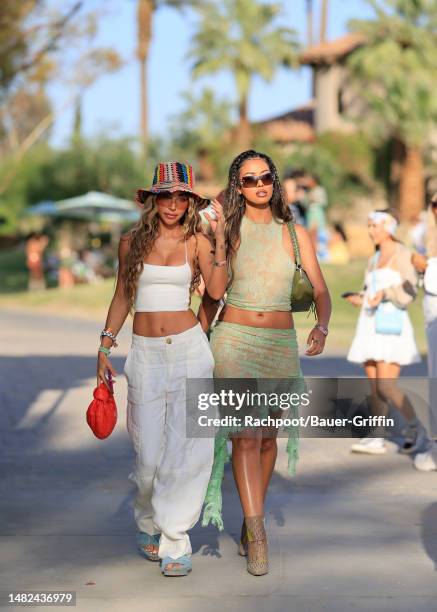 Chantel Jeffries and Cindy Kimberly are seen arriving to the Celsius Coachella party on April 14, 2023 in Indio, California.