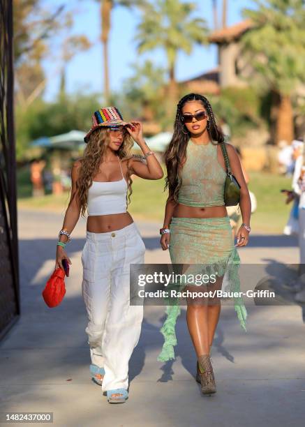 Chantel Jeffries and Cindy Kimberly are seen arriving to the Celsius Coachella party on April 14, 2023 in Indio, California.