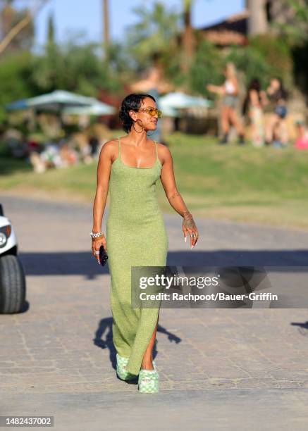 Karrueche Tran is seen arriving to the Celsius Coachella party on April 14, 2023 in Indio, California.